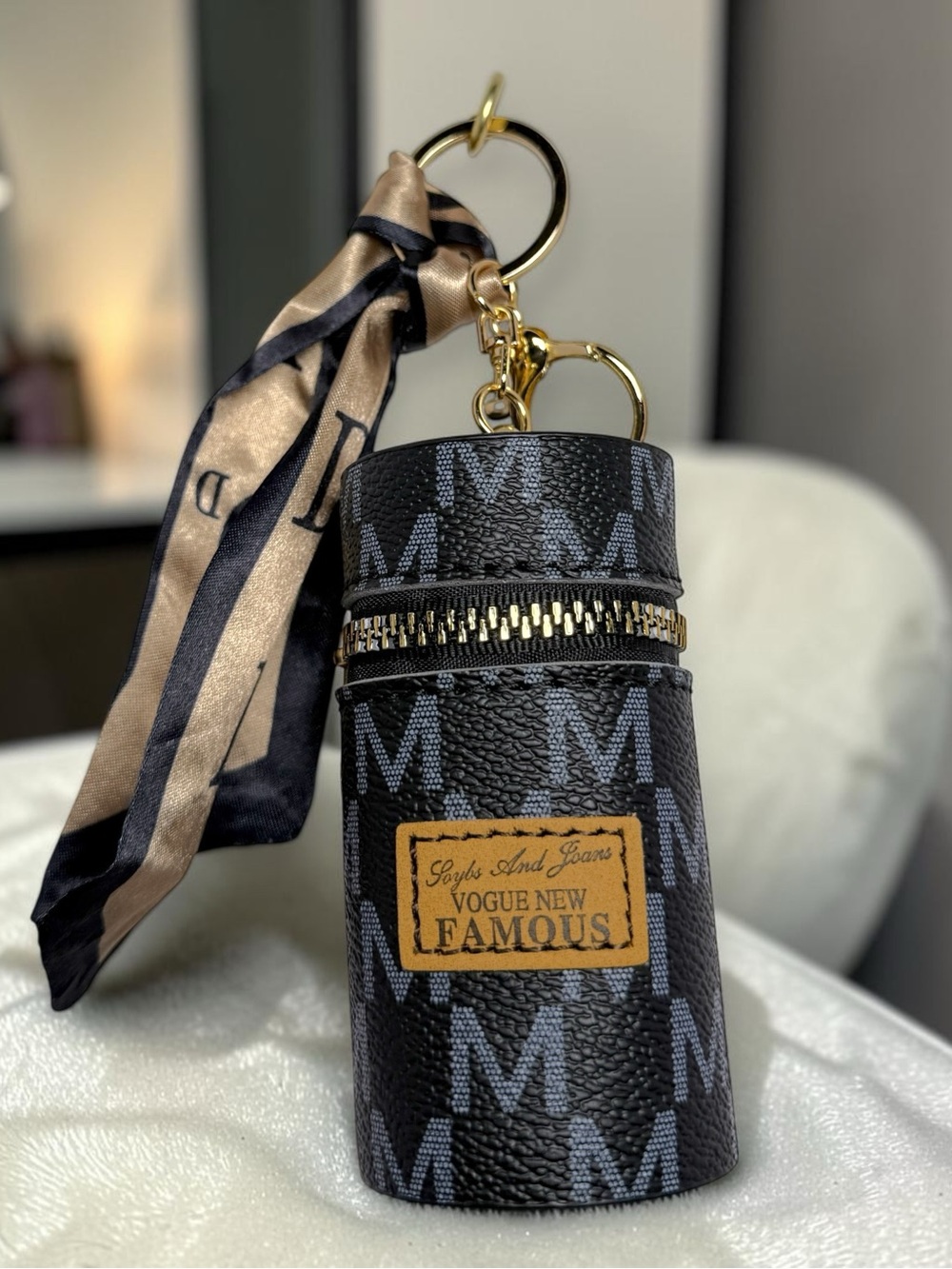 Black Monogram Keychain Pouch with Scarf